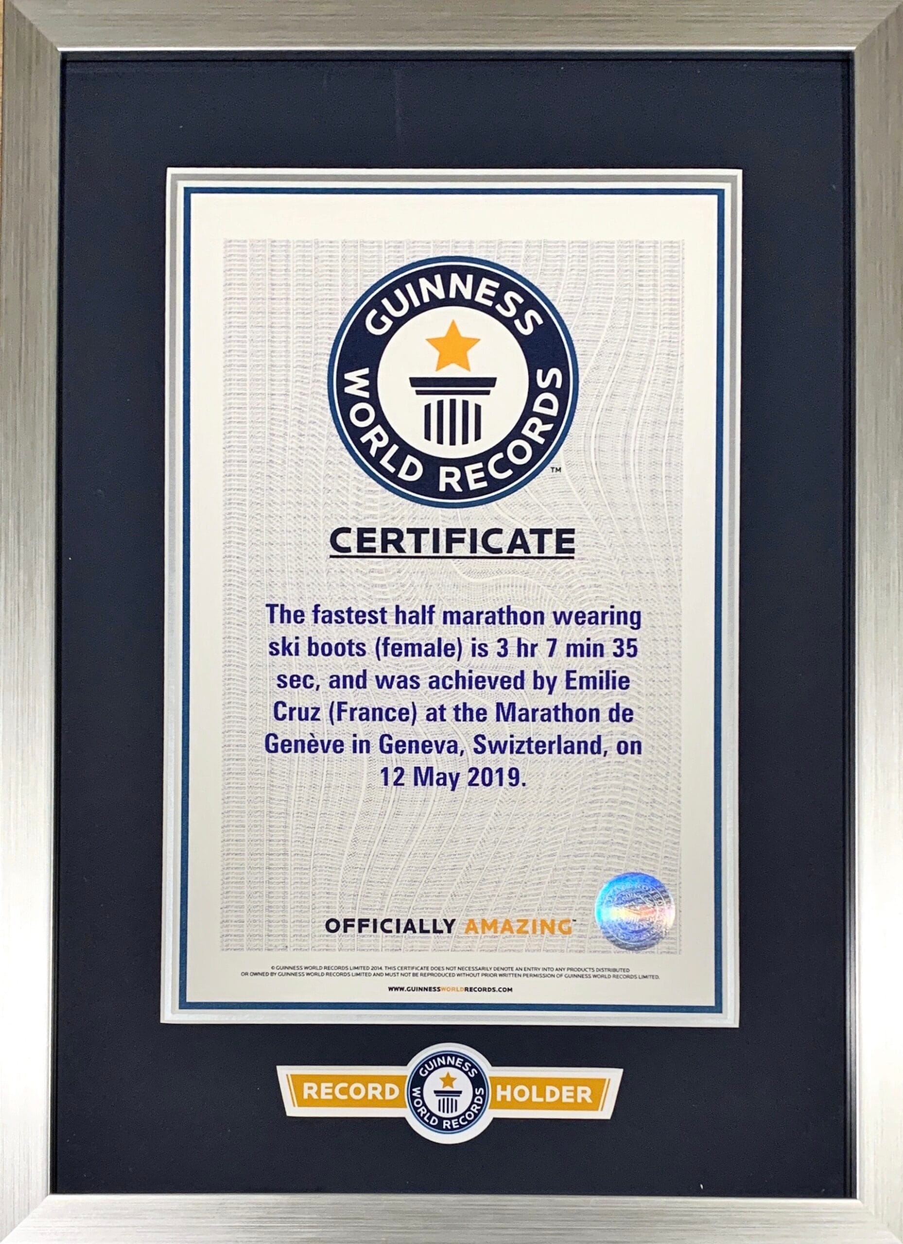 Guinness marathon certificate for women's ski boots.