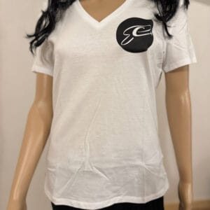Model wearing white t-shirt with black logo.