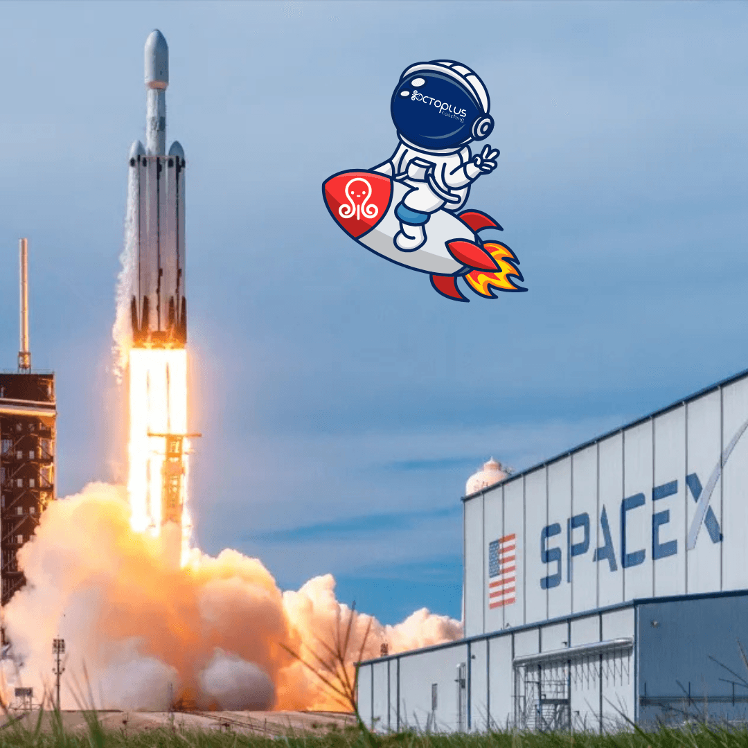 SpaceX rocket launch with Poulpo character on a shuttle.